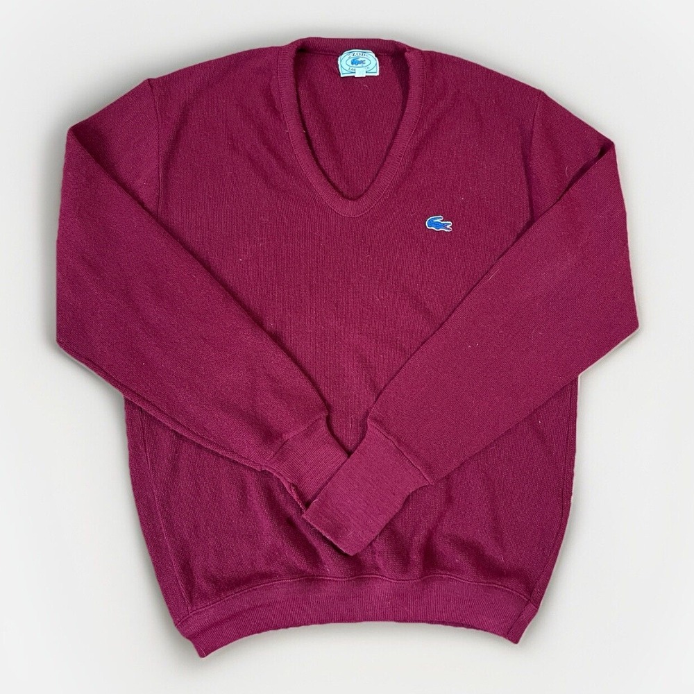 Izod Lacoste Sweater Red XL Pullover V Neck Blue Alligator Vintage USA ILGWU - Picture 1 of 7